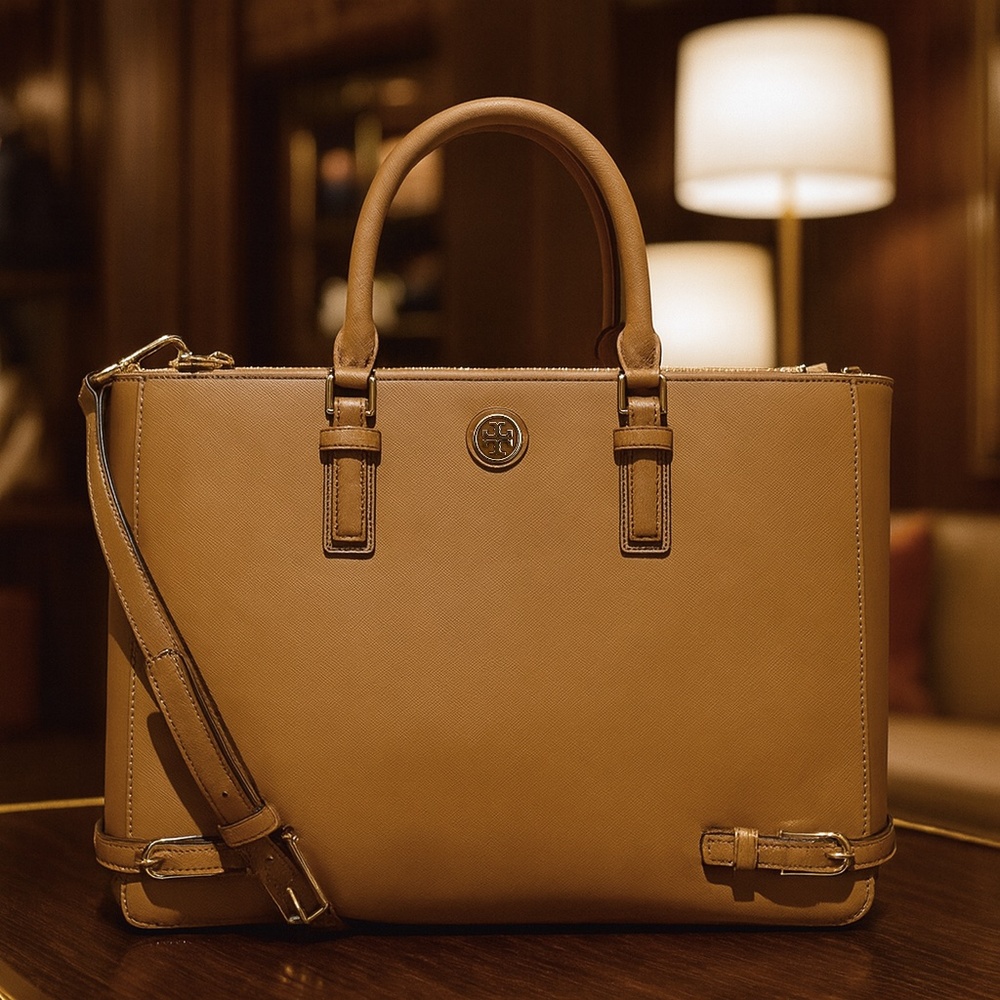 NEW Tory Burch Robinson Tigers Eye Tan/Brown Saffiano Leather Multi Tote Bag